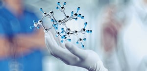 scientist doctor hand holds virtual molecular structure in the lab as concept